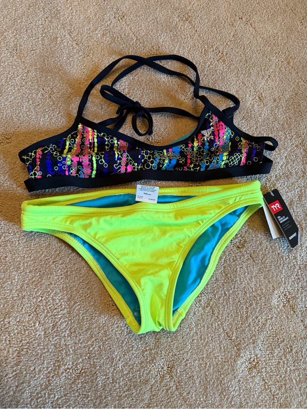 TYR Women's Hiroomi Black/neon Tieback Top & Workout Bikini Sz M NEW No Tag